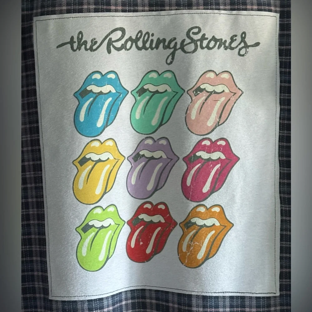 Upcycled The Rolling Stones Graphic Tee On REWIND Lightweight Flannel Shirt Sz M - Picture 4 of 8
